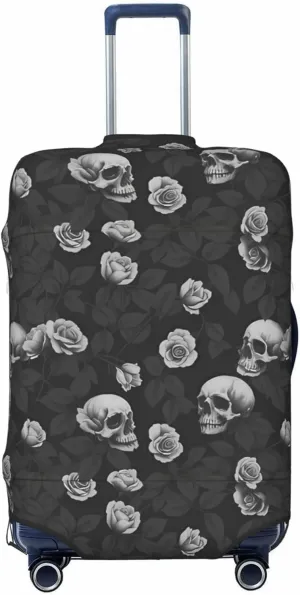 Travel Luggage Cover Suitcase Elastic Washable Stretch Dark Rose Flower Skull 2 Suitcase Protector Bag,Anti-Scratch Spandex With Zipper Closure Baggage Covers For Wheeled Suitcase Kid Adult