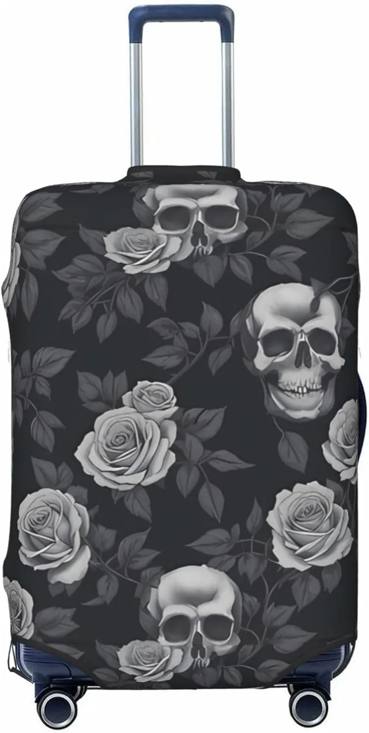 Travel Luggage Cover Suitcase Elastic Washable Stretch Dark Rose Flower Skull Suitcase Protector Bag,Anti-Scratch Spandex With Zipper Closure Baggage Covers For Wheeled Suitcase Kid Adult