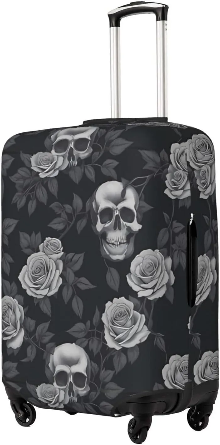 Travel Luggage Cover Suitcase Elastic Washable Stretch Dark Rose Flower Skull Suitcase Protector Bag,Anti-Scratch Spandex With Zipper Closure Baggage Covers For Wheeled Suitcase Kid Adult