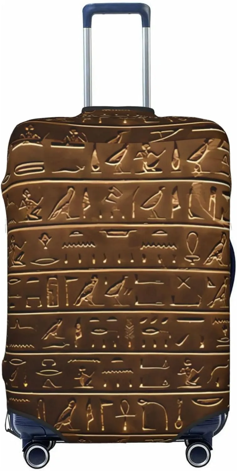 Travel Luggage Cover Suitcase Elastic Washable Stretch Egyptian Hieroglyphic Bronze Suitcase Protector Bag,Anti-Scratch Spandex Double-Sided Baggage Covers For Wheeled Suitcase Kid Adult