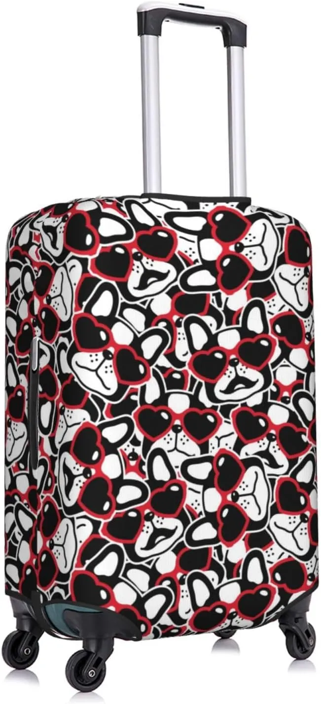 Travel Luggage Cover Suitcase Elastic Washable Stretch French Bulldogs With Heart Sunglasses Valentine Suitcase Protector Bag,Anti-Scratch Dust-Proof With Zipper Closure