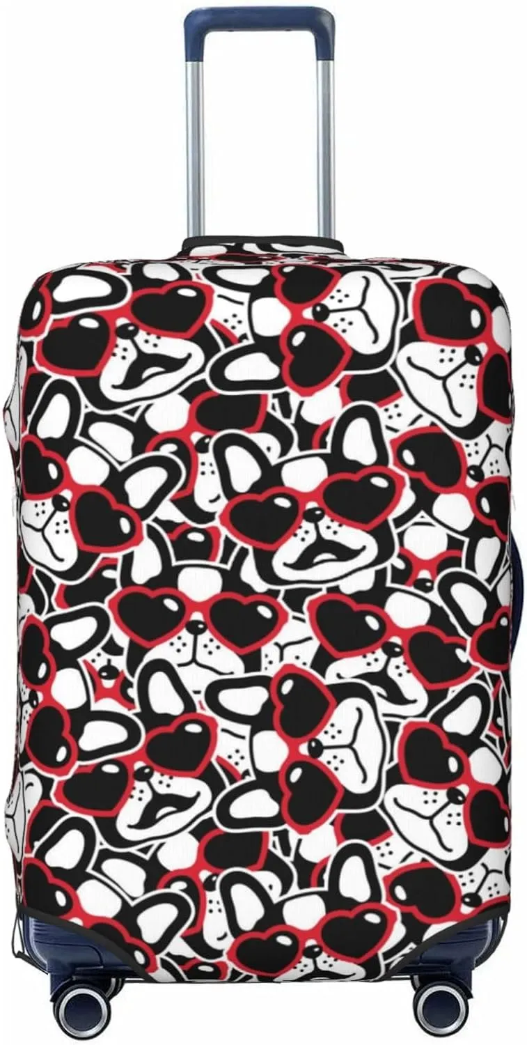 Travel Luggage Cover Suitcase Elastic Washable Stretch French Bulldogs With Heart Sunglasses Valentine Suitcase Protector Bag,Anti-Scratch Dust-Proof With Zipper Closure