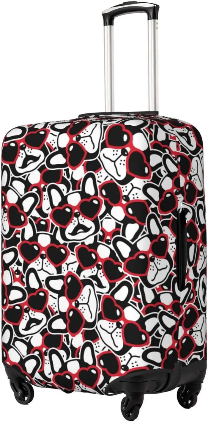 Travel Luggage Cover Suitcase Elastic Washable Stretch French Bulldogs With Heart Sunglasses Valentine Suitcase Protector Bag,Anti-Scratch Dust-Proof With Zipper Closure