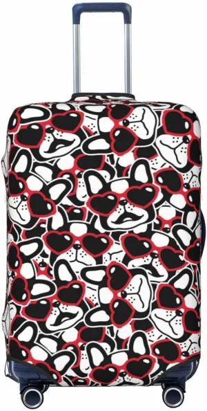 Travel Luggage Cover Suitcase Elastic Washable Stretch French Bulldogs With Heart Sunglasses Valentine Suitcase Protector Bag,Anti-Scratch Dust-Proof With Zipper Closure