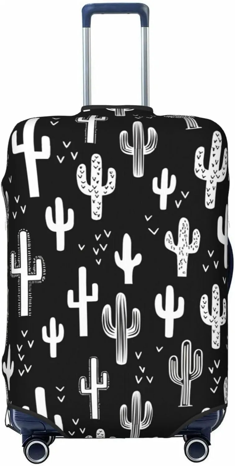 Travel Luggage Cover Suitcase Elastic Washable Stretch Fun Western Cactus Black White Suitcase Protector Bag,Anti-Scratch Spandex With Zipper Closure Baggage Covers,X-Large