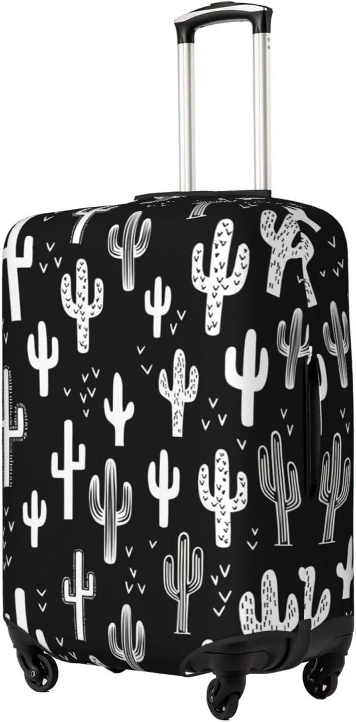 Travel Luggage Cover Suitcase Elastic Washable Stretch Fun Western Cactus Black White Suitcase Protector Bag,Anti-Scratch Spandex With Zipper Closure Baggage Covers,X-Large