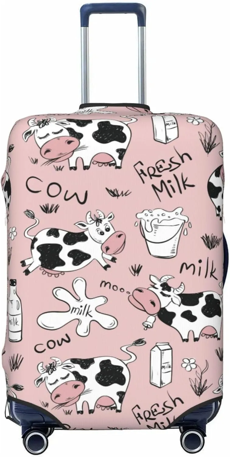 Travel Luggage Cover Suitcase Elastic Washable Stretch Funny Cows Milk Pink Suitcase Protector Bag,Anti-Scratch Spandex Double-Sided Baggage Covers For Wheeled Suitcase Kid Adult