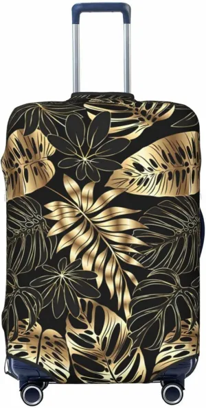 Travel Luggage Cover Suitcase Elastic Washable Stretch Luxury Gold Black Tropical Palm Leaves Suitcase Protector Bag,Anti-Scratch Dust-Proof Double-Sided Baggage Covers For Wheeled Suitcase Kid Adult