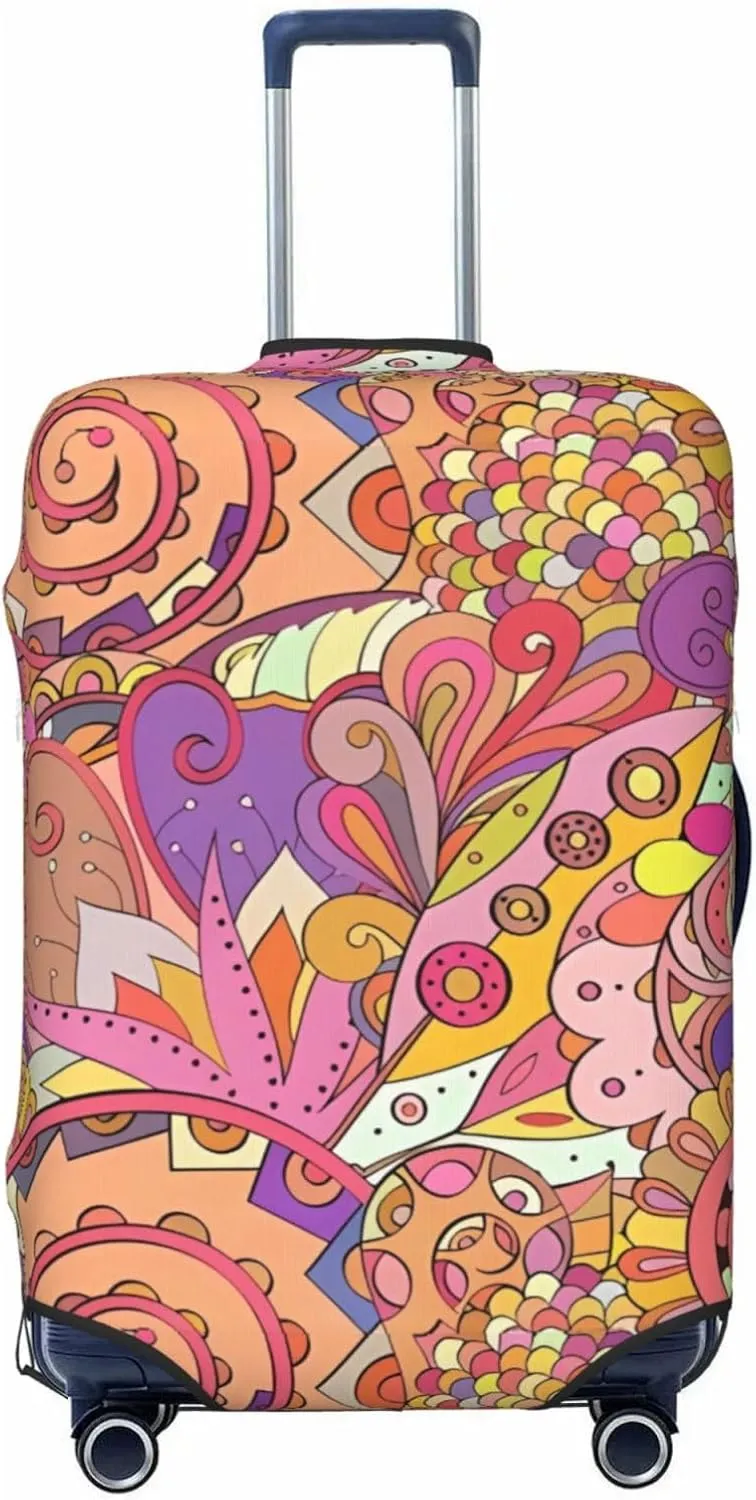 Travel Luggage Cover Suitcase Elastic Washable Stretch Psychedelic Ethnic Doodle Suitcase Protector Bag,Anti-Scratch Spandex Double-Sided Baggage Covers For Wheeled Suitcase Kid Adult