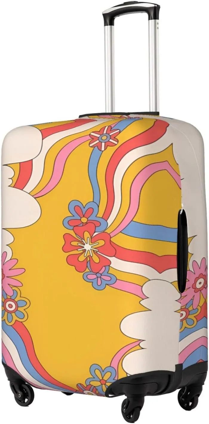 Travel Luggage Cover Suitcase Elastic Washable Stretch Retro Psychedelic Clouds Flowers Rainbow Suitcase Protector Bag,Anti-Scratch Dust-Proof Double-Sided