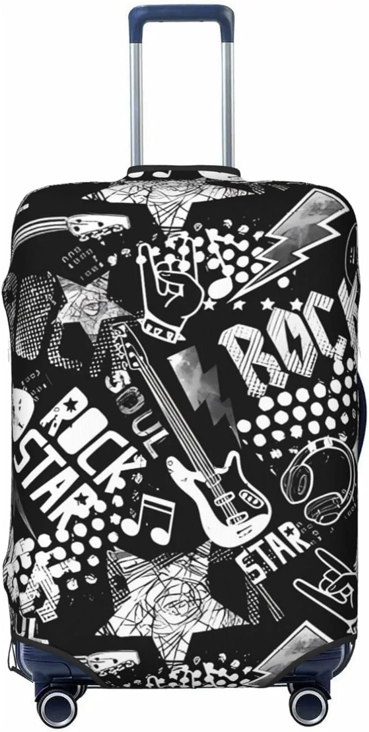 Travel Luggage Cover Suitcase Elastic Washable Stretch Rock Music With Guitar Suitcase Protector Bag,Anti-Scratch Dust-Proof With Zipper Closure Baggage Covers For Wheeled Suitcase Kid Adult