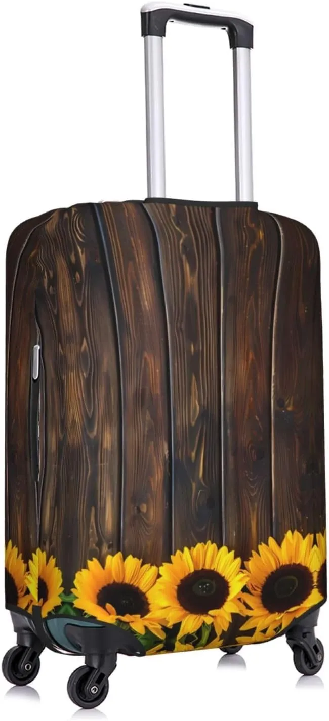 Travel Luggage Cover Suitcase Elastic Washable Stretch Sunflowers On Wooden Board Suitcase Protector Bag,Anti-Scratch Spandex With Zipper Closure Baggage Covers For Wheeled Suitcase Kid Adult