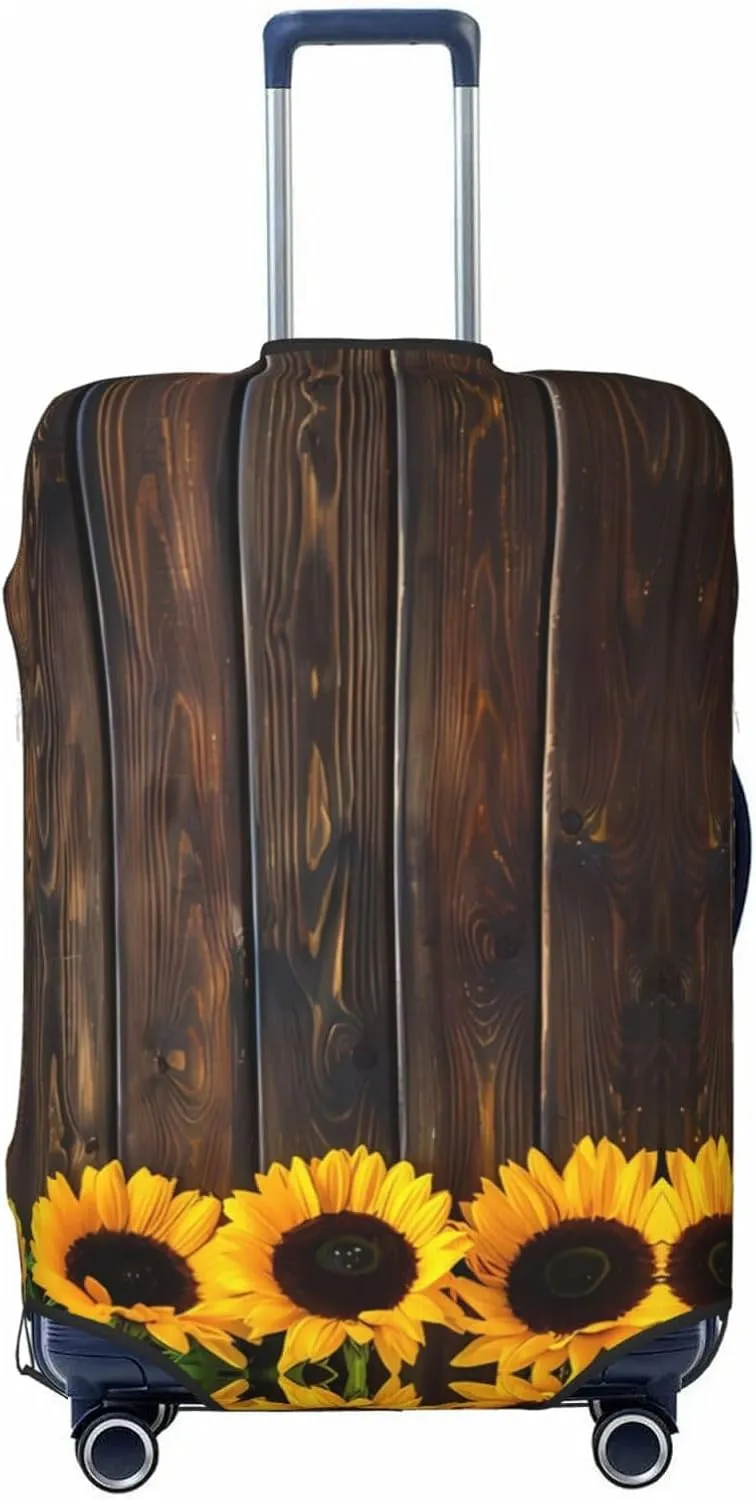 Travel Luggage Cover Suitcase Elastic Washable Stretch Sunflowers On Wooden Board Suitcase Protector Bag,Anti-Scratch Spandex With Zipper Closure Baggage Covers For Wheeled Suitcase Kid Adult
