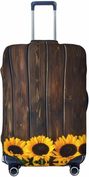 Travel Luggage Cover Suitcase Elastic Washable Stretch Sunflowers On Wooden Board Suitcase Protector Bag,Anti-Scratch Spandex With Zipper Closure Baggage Covers For Wheeled Suitcase Kid Adult
