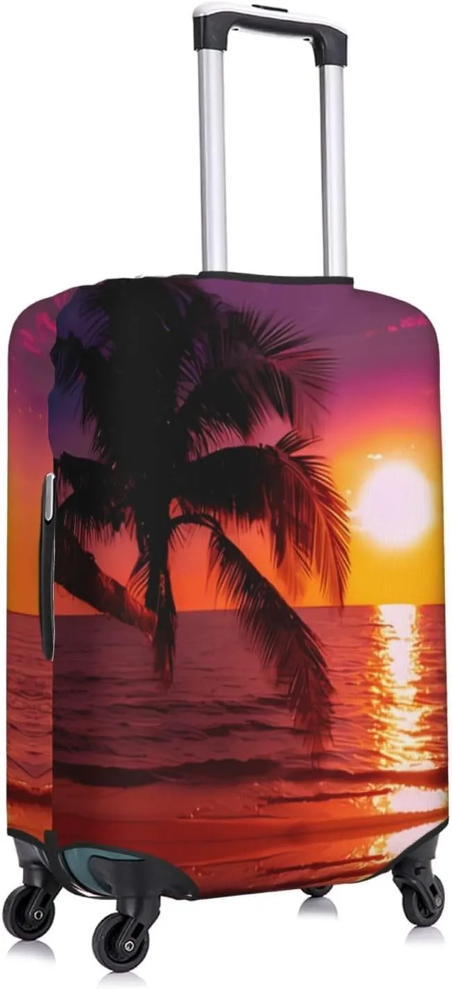 Travel Luggage Cover Suitcase Elastic Washable Stretch Sunset Tropical Beach Palm Tree Suitcase Protector Bag,Anti-Scratch Spandex Double-Sided Baggage Covers For Wheeled Suitcase Kid Adult