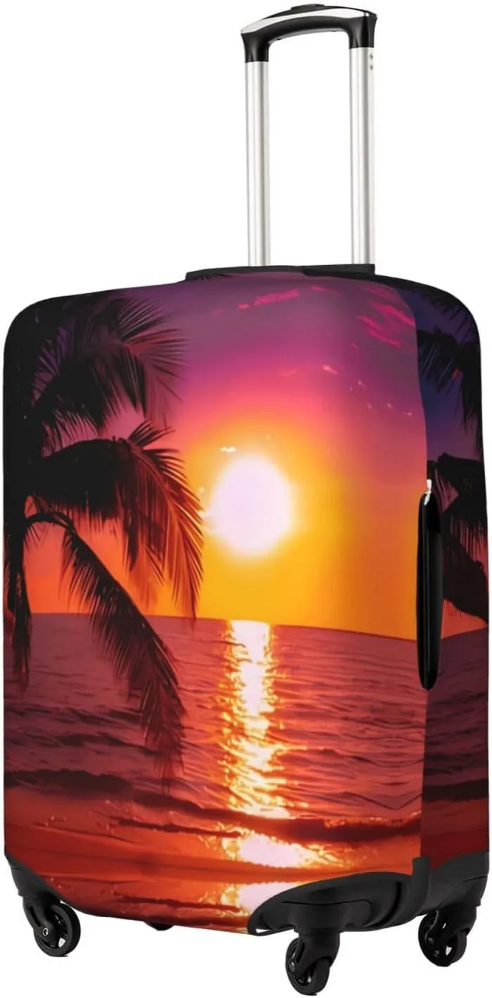 Travel Luggage Cover Suitcase Elastic Washable Stretch Sunset Tropical Beach Palm Tree Suitcase Protector Bag,Anti-Scratch Spandex Double-Sided Baggage Covers For Wheeled Suitcase Kid Adult