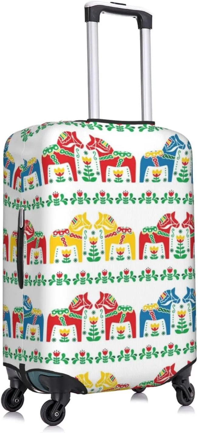 Travel Luggage Cover Suitcase Elastic Washable Stretch Swedish Daleclarian Horse Floral Folk Art Suitcase Protector Bag,Anti-Scratch Dust-Proof With Zipper Closure