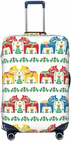 Travel Luggage Cover Suitcase Elastic Washable Stretch Swedish Daleclarian Horse Floral Folk Art Suitcase Protector Bag,Anti-Scratch Dust-Proof With Zipper Closure