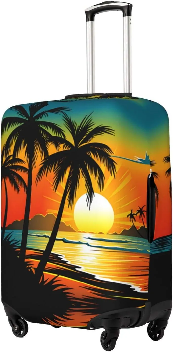 Travel Luggage Cover Suitcase Elastic Washable Stretch Tropical Sunset Palm Trees Beach Suitcase Protector Bag,Anti-Scratch Spandex With Zipper Closure Baggage Covers For Wheeled Suitcase Kid Adult