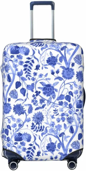 Travel Luggage Cover Suitcase Elastic Washable Stretch Vintage Blue Blooming Flowers Chinoiserie Suitcase Protector Bag,Anti-Scratch Dust-Proof Double-Sided