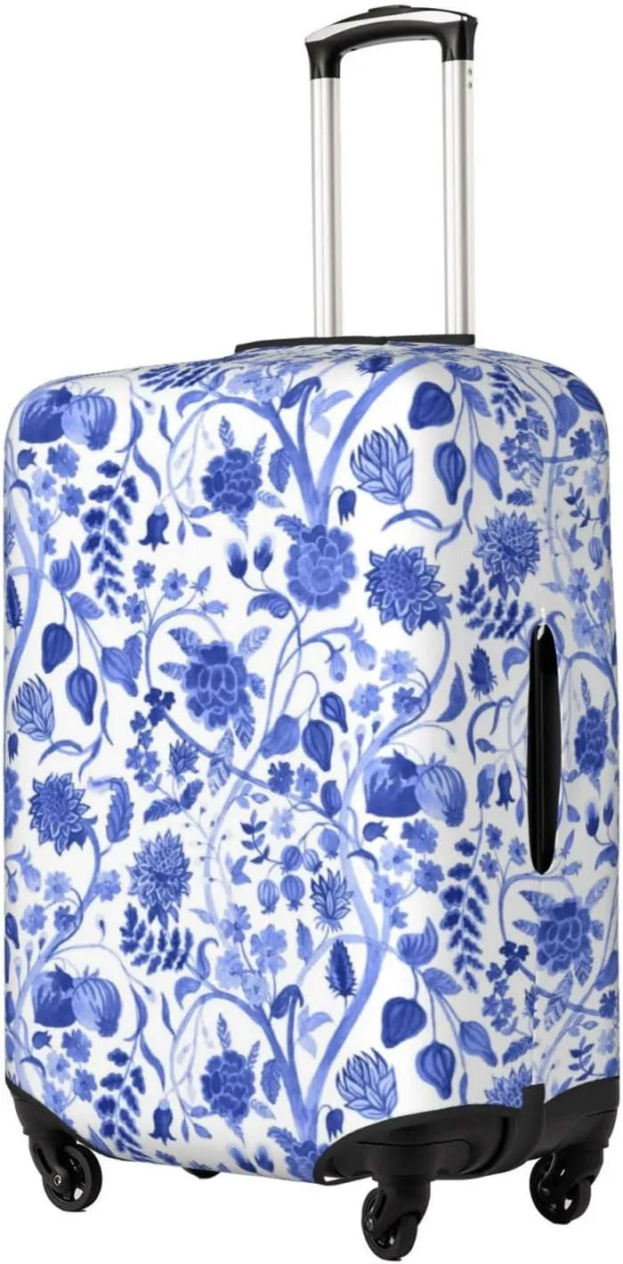 Travel Luggage Cover Suitcase Elastic Washable Stretch Vintage Blue Blooming Flowers Chinoiserie Suitcase Protector Bag,Anti-Scratch Dust-Proof Double-Sided