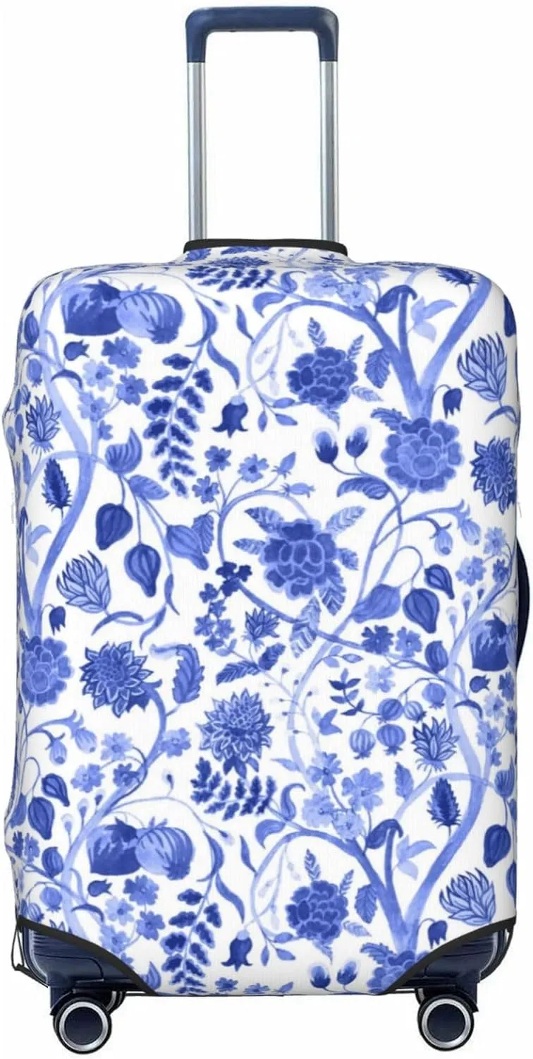 Travel Luggage Cover Suitcase Elastic Washable Stretch Vintage Blue Blooming Flowers Chinoiserie Suitcase Protector Bag,Anti-Scratch Dust-Proof Double-Sided