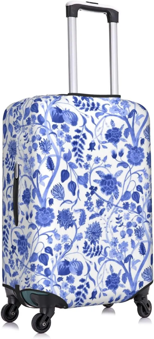 Travel Luggage Cover Suitcase Elastic Washable Stretch Vintage Blue Blooming Flowers Chinoiserie Suitcase Protector Bag,Anti-Scratch Dust-Proof Double-Sided