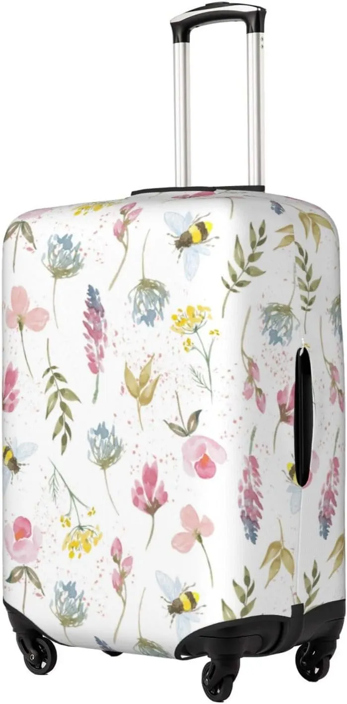 Travel Luggage Cover Suitcase Elastic Washable Stretch Watercolor Botanical Meadow Wildflowers Suitcase Protector Bag,Anti-Scratch Dust-Proof With Zipper Closure