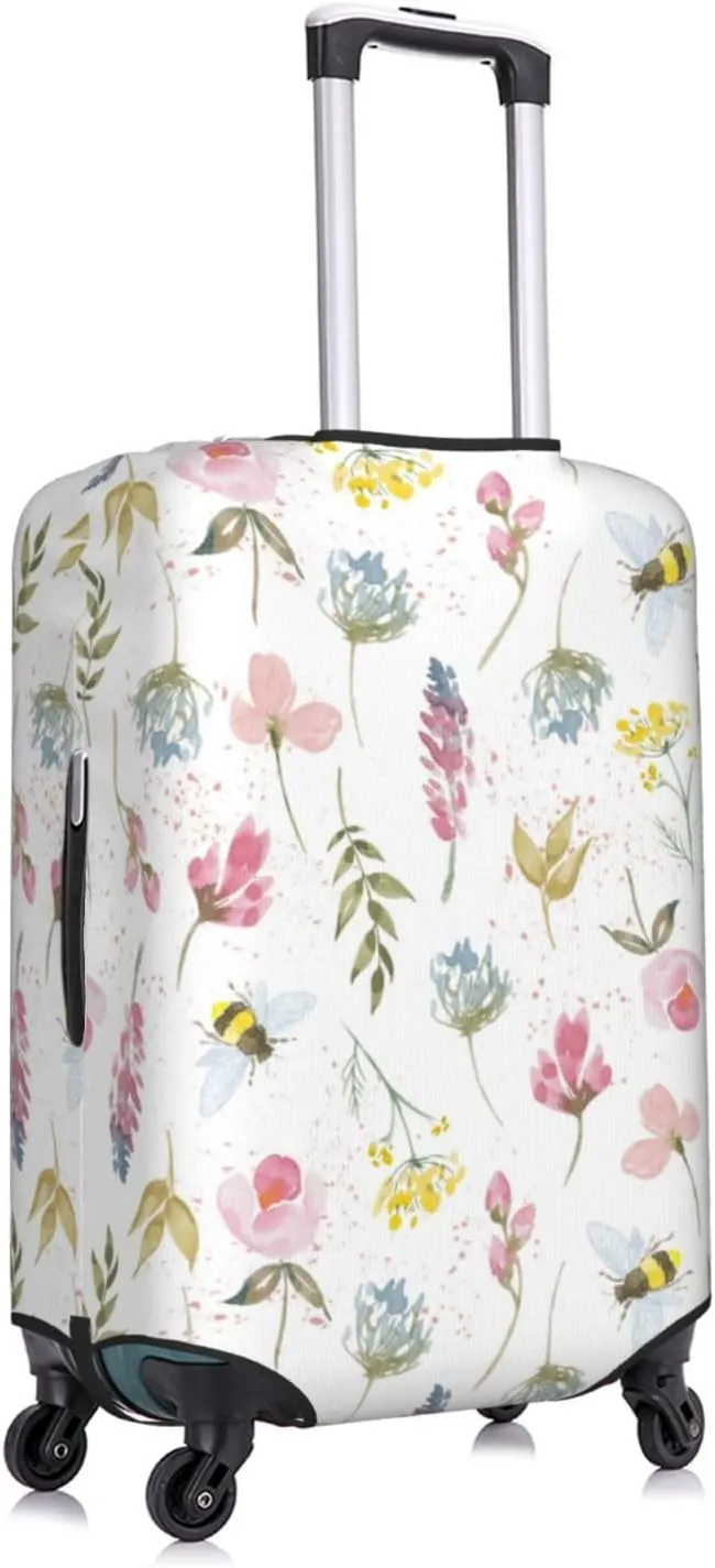 Travel Luggage Cover Suitcase Elastic Washable Stretch Watercolor Botanical Meadow Wildflowers Suitcase Protector Bag,Anti-Scratch Dust-Proof With Zipper Closure