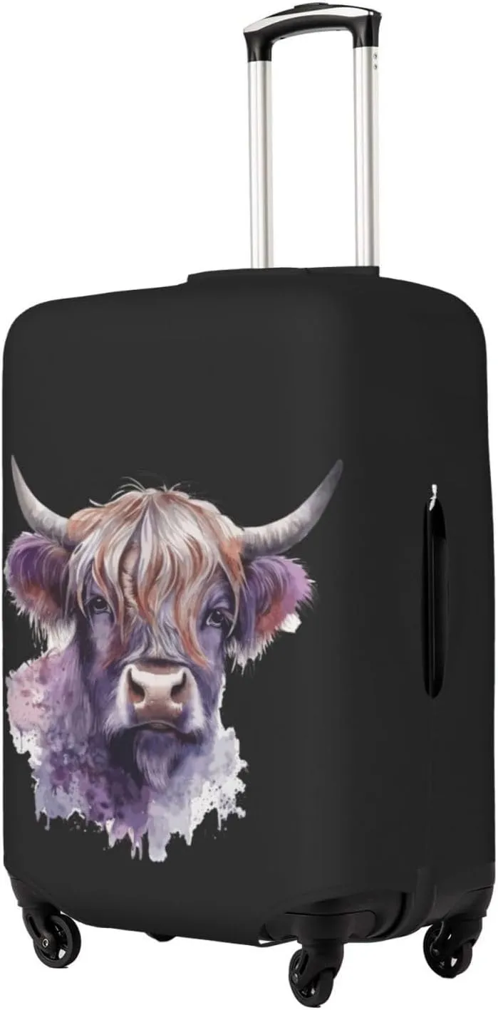 Travel Luggage Cover Suitcase Elastic Washable Stretch Watercolor Cute Highland Cow Black Suitcase Protector Bag,Anti-Scratch Dust-Proof Double-Sided