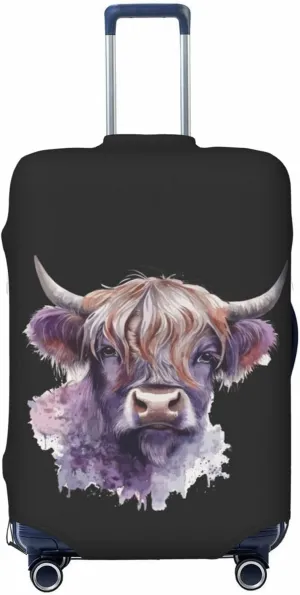 Travel Luggage Cover Suitcase Elastic Washable Stretch Watercolor Cute Highland Cow Black Suitcase Protector Bag,Anti-Scratch Dust-Proof Double-Sided