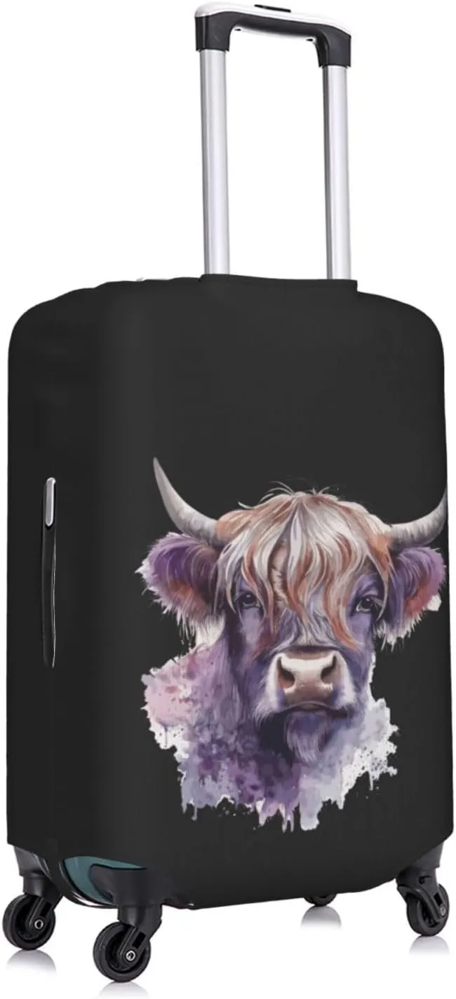 Travel Luggage Cover Suitcase Elastic Washable Stretch Watercolor Cute Highland Cow Black Suitcase Protector Bag,Anti-Scratch Dust-Proof Double-Sided