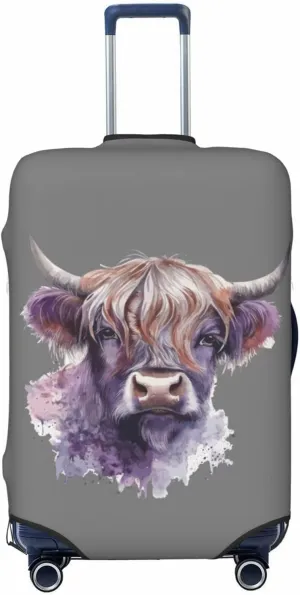 Travel Luggage Cover Suitcase Elastic Washable Stretch Watercolor Cute Highland Cow Grey Suitcase Protector Bag,Anti-Scratch Spandex Double-Sided