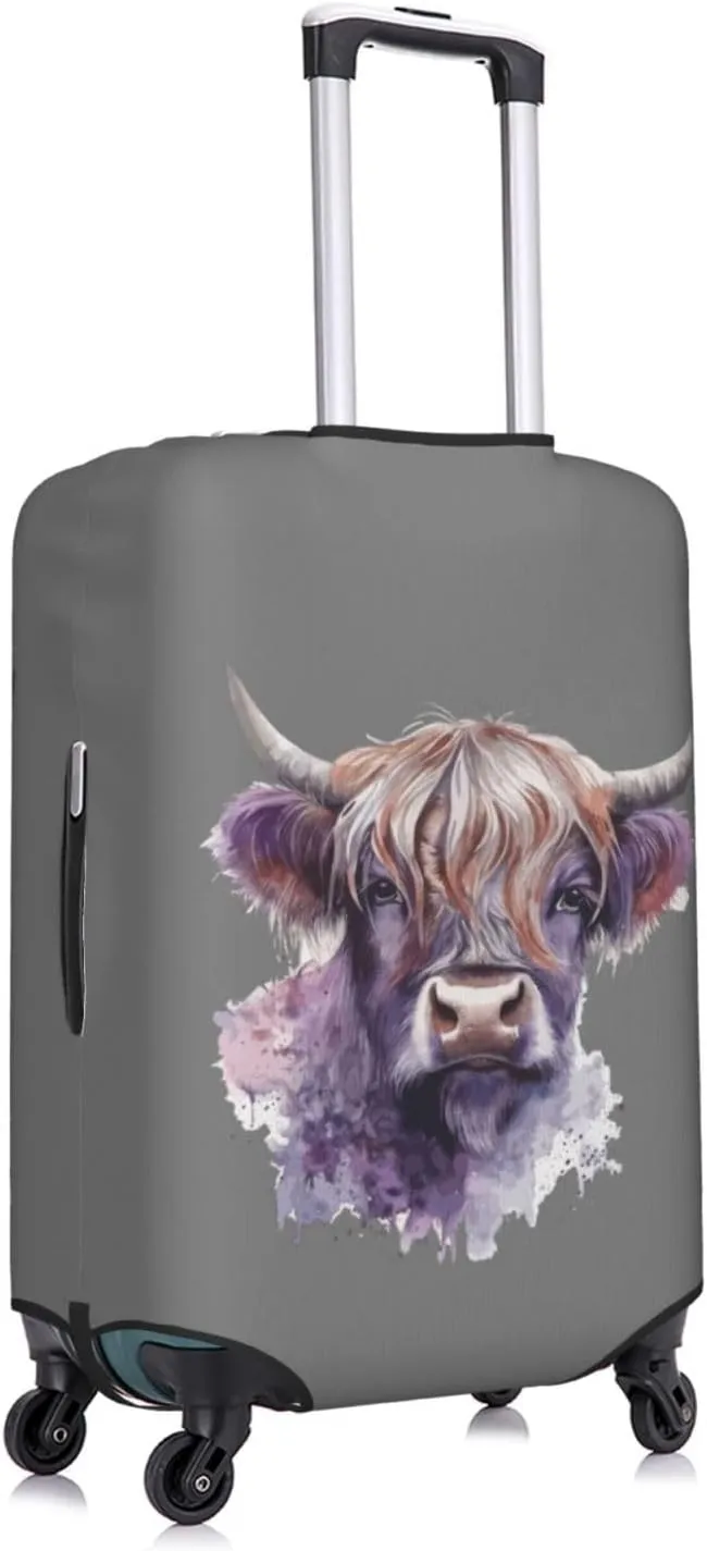 Travel Luggage Cover Suitcase Elastic Washable Stretch Watercolor Cute Highland Cow Grey Suitcase Protector Bag,Anti-Scratch Spandex Double-Sided