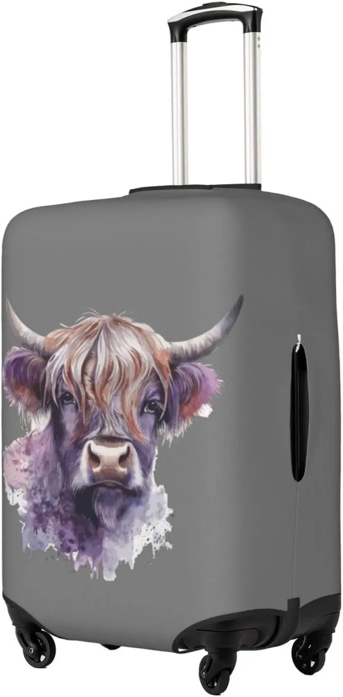 Travel Luggage Cover Suitcase Elastic Washable Stretch Watercolor Cute Highland Cow Grey Suitcase Protector Bag,Anti-Scratch Spandex Double-Sided