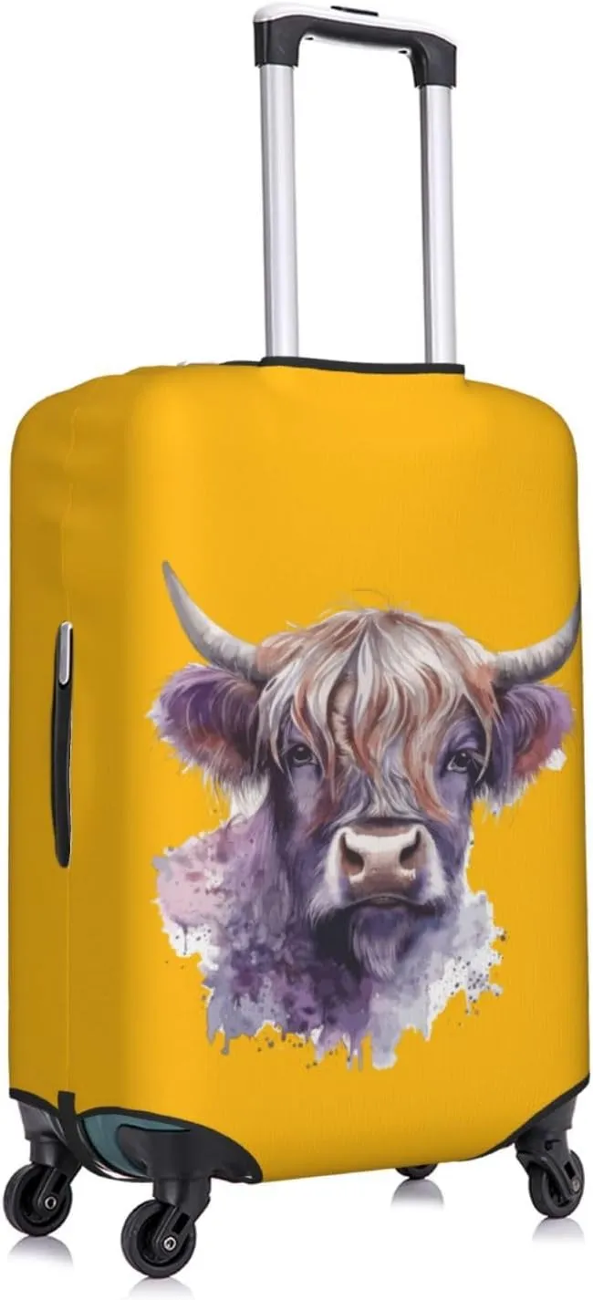 Travel Luggage Cover Suitcase Elastic Washable Stretch Watercolor Cute Highland Cow Yellow Suitcase Protector Bag,Anti-Scratch Dust-Proof Double-Sided