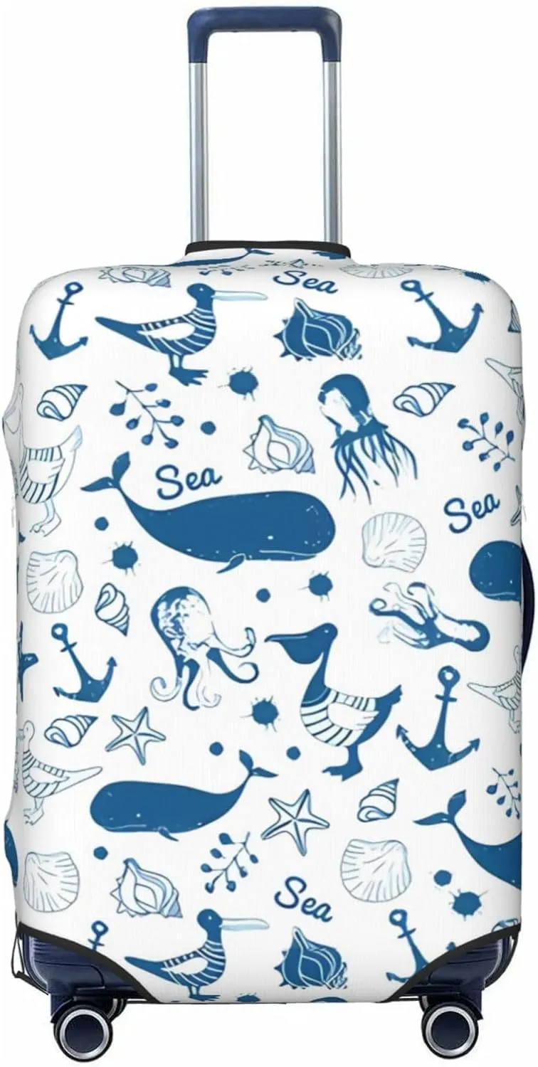 Travel Luggage Cover Suitcase Elastic Washable Stretch Whale Seashells Sea Animlas Suitcase Protector Bag,Anti-Scratch Dust-Proof Double-Sided Baggage Covers For Wheeled Suitcase Kid Adult,Large