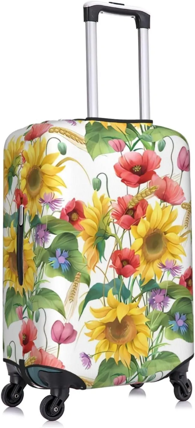 Travel Luggage Cover Suitcase Elastic Washable Sunflowers Cornflower Poppy Suitcase Protector Bag,Spandex With Zipper Closure Baggage Covers,Medium