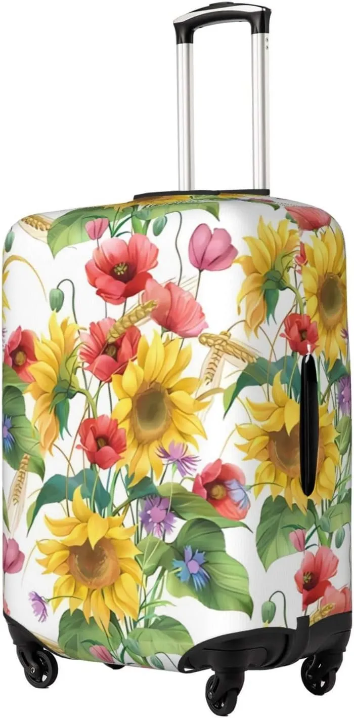 Travel Luggage Cover Suitcase Elastic Washable Sunflowers Cornflower Poppy Suitcase Protector Bag,Spandex With Zipper Closure Baggage Covers,Medium
