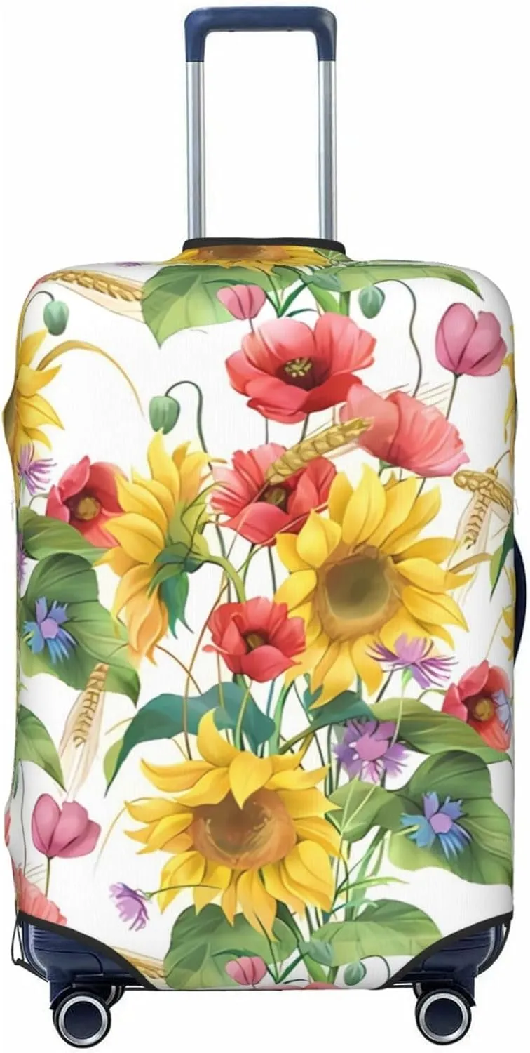 Travel Luggage Cover Suitcase Elastic Washable Sunflowers Cornflower Poppy Suitcase Protector Bag,Spandex With Zipper Closure Baggage Covers,Medium