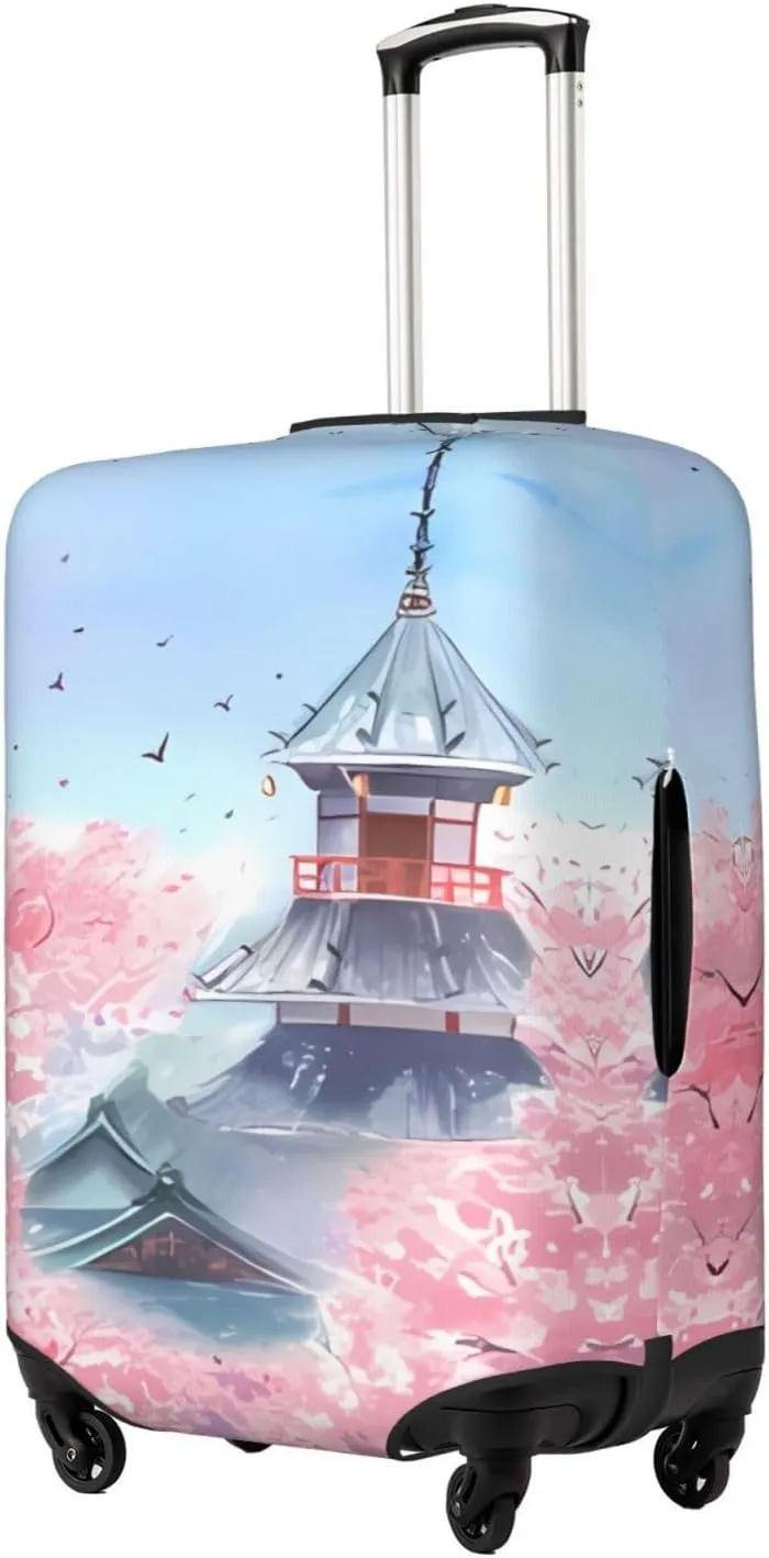 Travel Luggage Cover Suitcase Elastic Washable Watercolor Landscape Cherry Blossom Suitcase Protector Bag,Dust-Proof With Zipper Closure Baggage Covers,Large