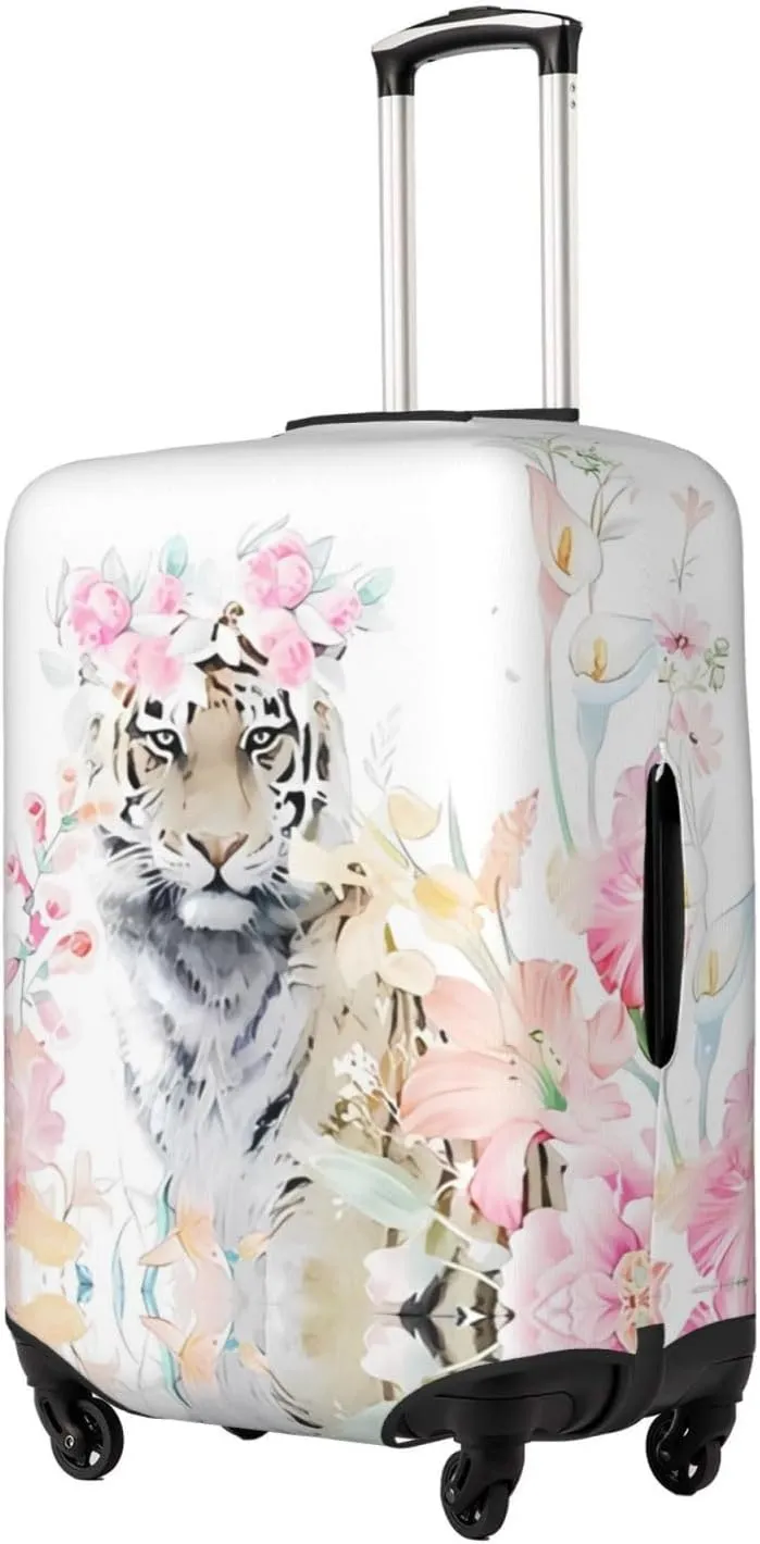 Travel Luggage Cover Suitcase Elastic Washable Watercolor Tiger Flower Bouquet Suitcase Protector Bag,Anti-Scratch With Zipper Closure Baggage Covers,Medium