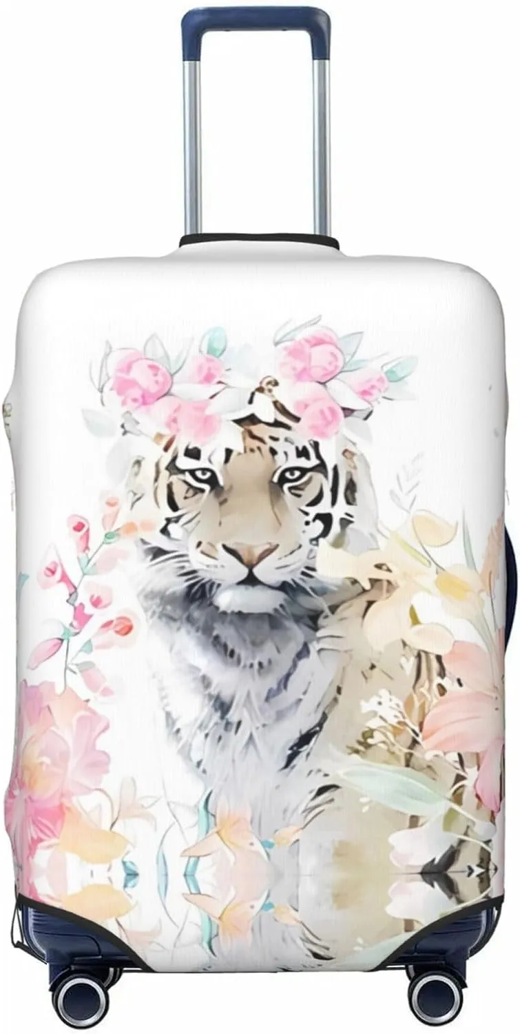 Travel Luggage Cover Suitcase Elastic Washable Watercolor Tiger Flower Bouquet Suitcase Protector Bag,Anti-Scratch With Zipper Closure Baggage Covers,Medium