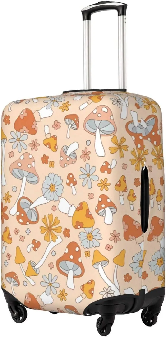 Travel Luggage Cover Suitcase Stretch Washable 60s 70s Retro Floral Hippie Mushrooms Suitcase Protector Bag,Spandex Double-Sided Baggage Covers,Medium