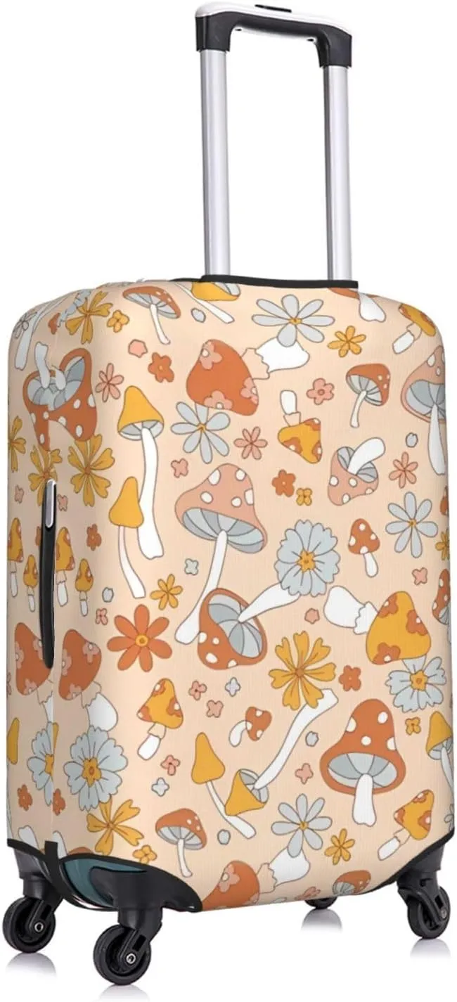Travel Luggage Cover Suitcase Stretch Washable 60s 70s Retro Floral Hippie Mushrooms Suitcase Protector Bag,Spandex Double-Sided Baggage Covers,Medium