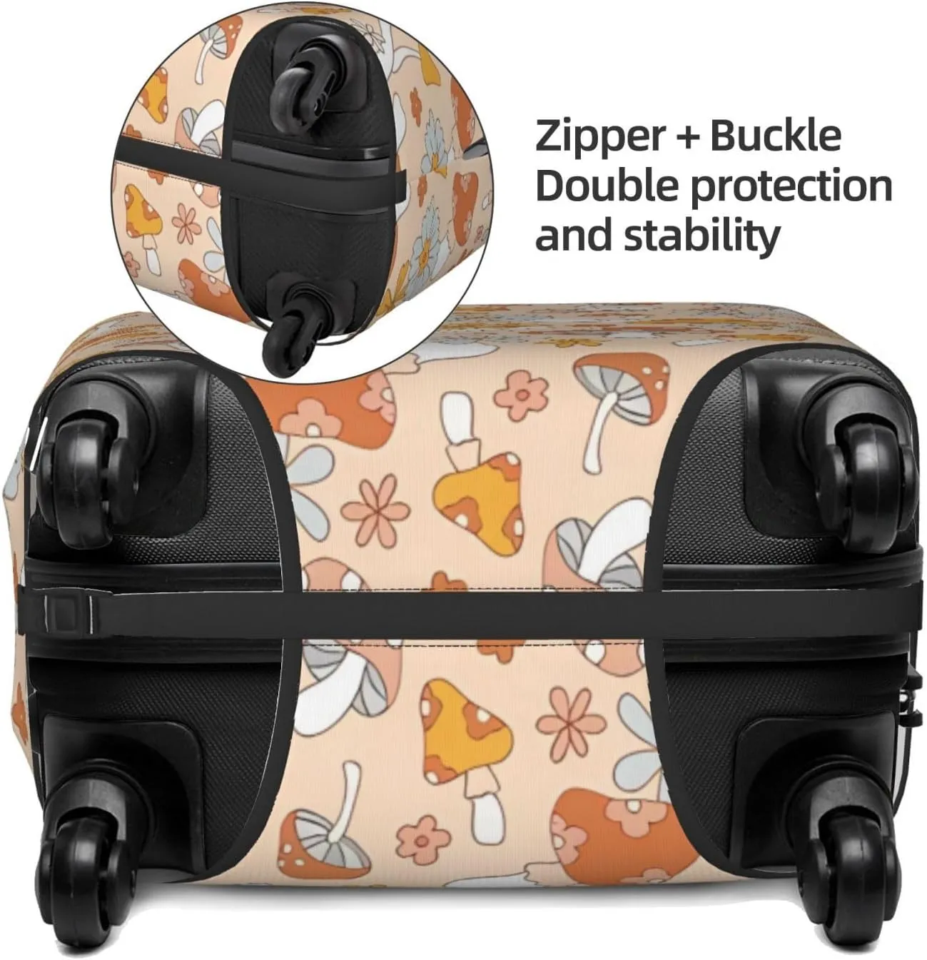 Travel Luggage Cover Suitcase Stretch Washable 60s 70s Retro Floral Hippie Mushrooms Suitcase Protector Bag,Spandex Double-Sided Baggage Covers,Medium