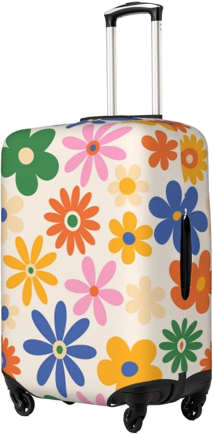 Travel Luggage Cover Suitcase Stretch Washable 70s Groovy Daisy Flowers Vintage Floral Suitcase Protector Bag,Anti-Scratch Double-Sided Baggage Covers,Large