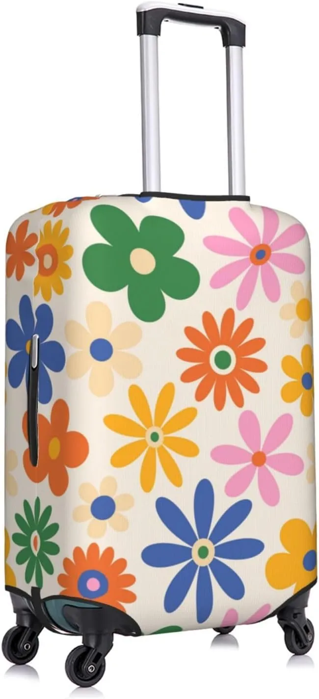 Travel Luggage Cover Suitcase Stretch Washable 70s Groovy Daisy Flowers Vintage Floral Suitcase Protector Bag,Anti-Scratch Double-Sided Baggage Covers,Large