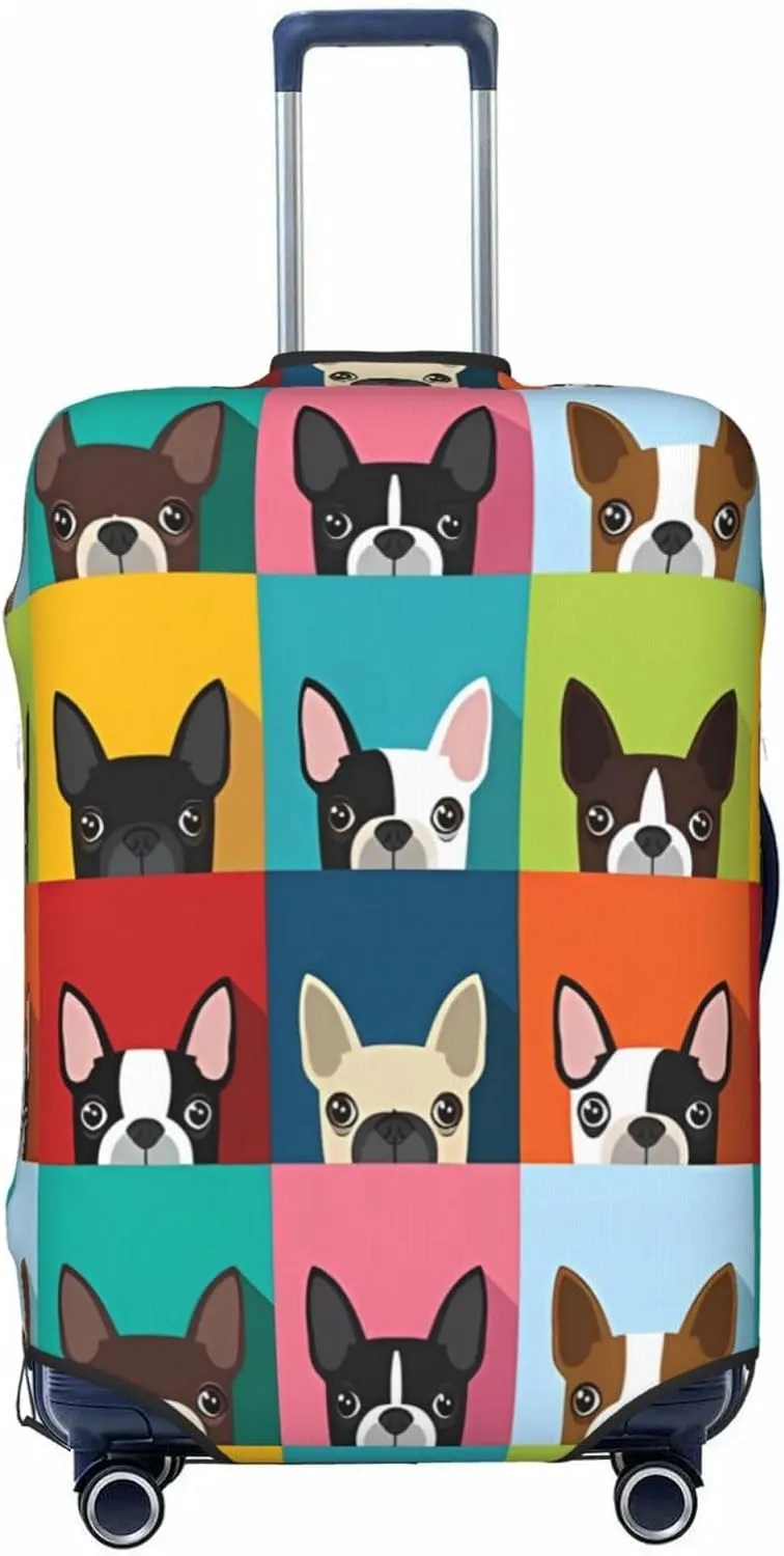 Travel Luggage Cover Suitcase Stretch Washable Boston Terrier Dogs Suitcase Protector Bag,Dust-Proof With Zipper Closure Baggage Covers For Kid Adult,Large