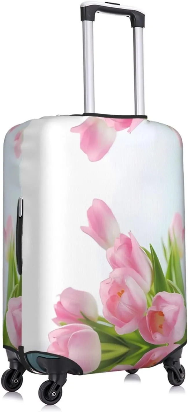 Travel Luggage Cover Suitcase Stretch Washable Bouquet Of Pink Tulips Flower Suitcase Protector Bag,Spandex With Zipper Closure Baggage Covers For Kid Adult,Medium